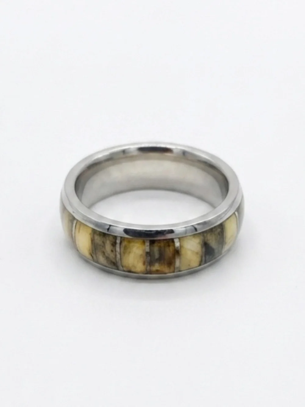 Inlaid Bone & Stainless Steel Band Ring Neutral Earthy Statement Ring